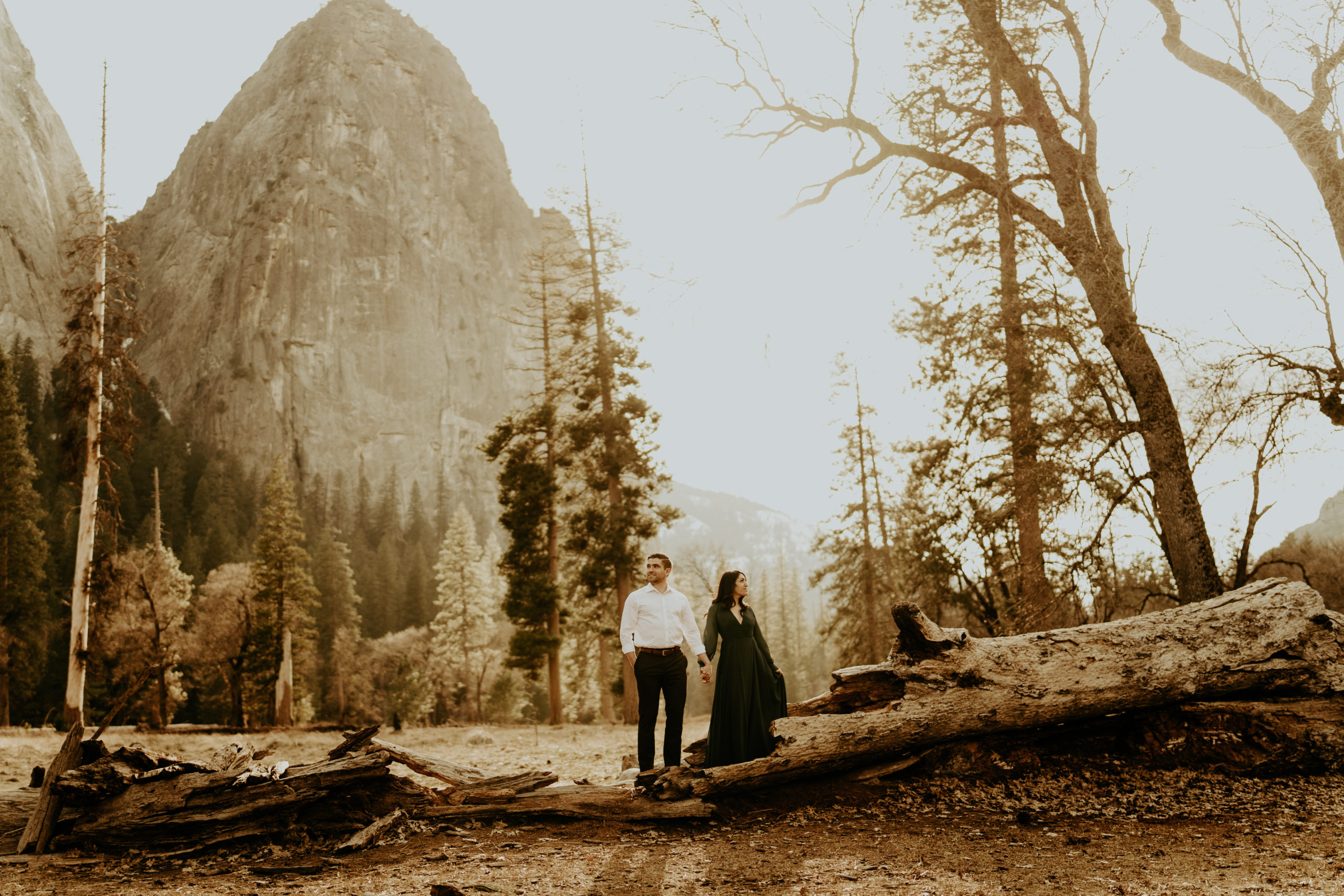 moody yosemite national park engagement photo in california